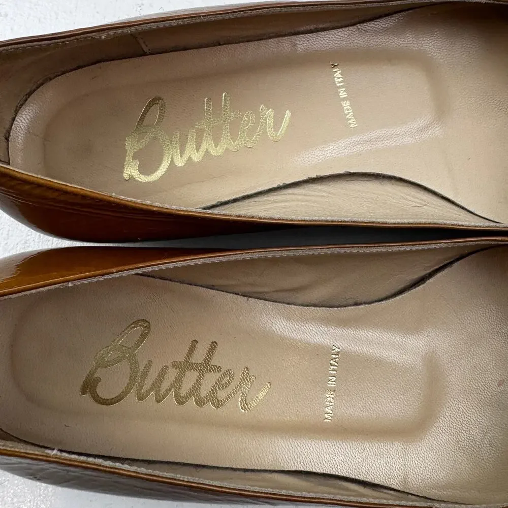 Butter Made In Italy Bow Detail Preppy Dressy Caramel Patent Shoes Women's 7